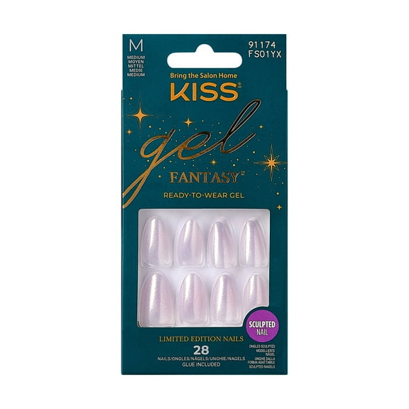 KISS Gel Fantasy Sculpted Holiday Press-On Nails, Tinsel, Solid Pink, Medium, Coffin, 28 Ct.