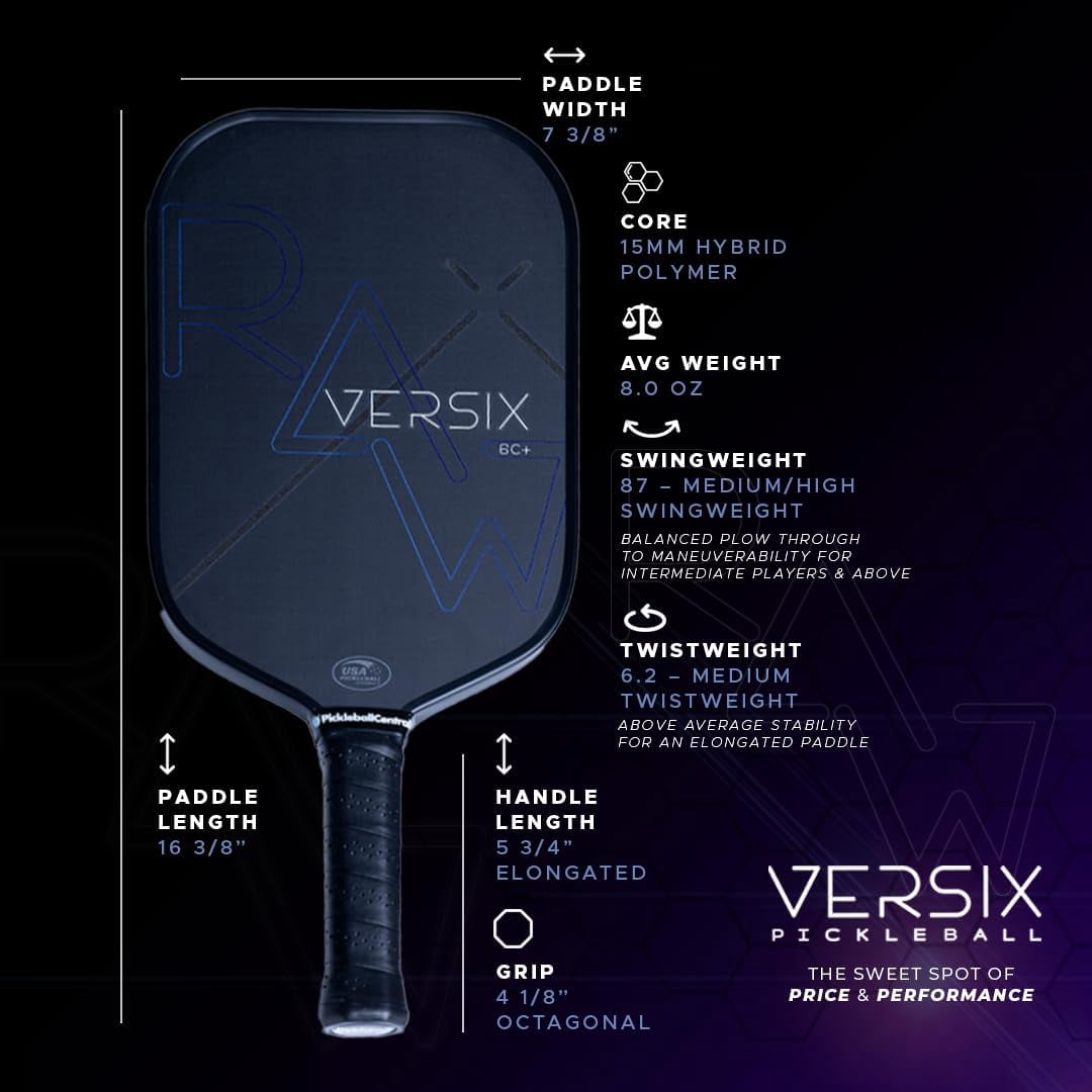 VERSIX RAW Carbon Fiber Pickleball Paddle, Extended 5.75" Handle, Raw Carbon Fiber, 7.9oz (Midweight), 15mm Core