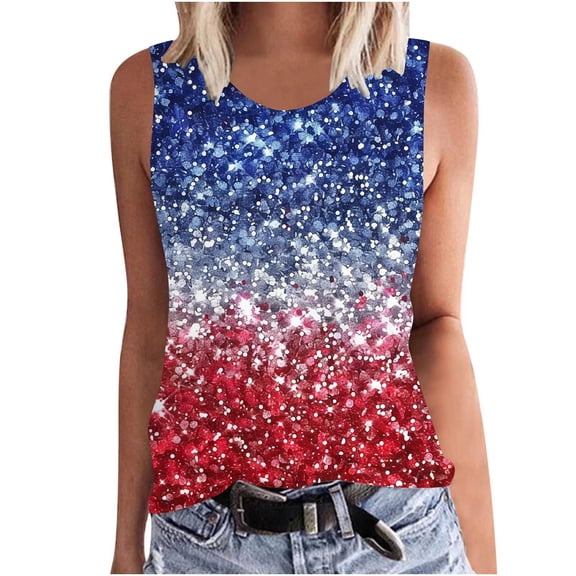 Fewfanhot Women's 4th of July Glitter Gradient Tank Top, Crew Neck Sleeveless Patriotic Sparkle Print Blouse, Casual Summer Loose Fit Top, S-3XL