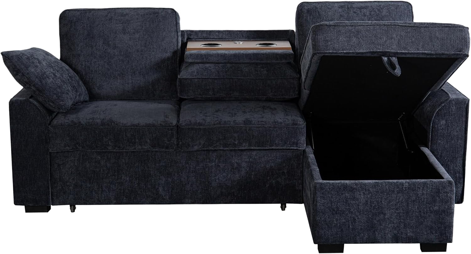 Howcool Sectional Sleeper Sofa,L Shaped Chenille Convertible Sofa Bed 85.5" 3 Seater with Flip-Down Center Console,Pull Out Couch for Living Room Apartment Office,Dark Blue