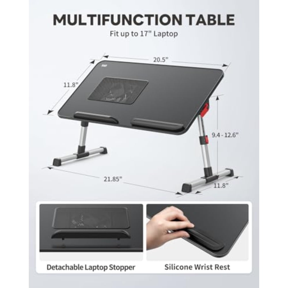 Laptop Desk for Bed with Cooling Fan, Height and Angle Adjustable Laptop Stand for Bed, Lap Desk Tray Table, Lightweight Foldable Portable Computer Table for Couch Sofa Chair Floor Desk