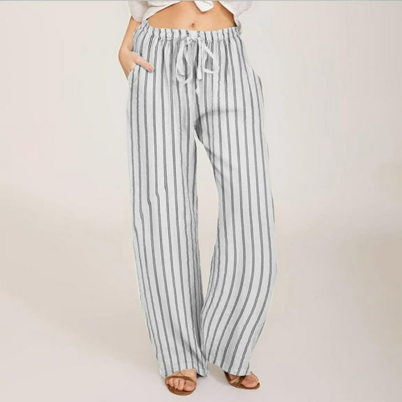 Dianli Solid Long Wide Leg Pants Loose Linen Drawstring Outfit Deals Of The Day Women's Casual Trousers Stripe Drawstring Wide Leg Pants Waist Long Pants With Pocket White XXL