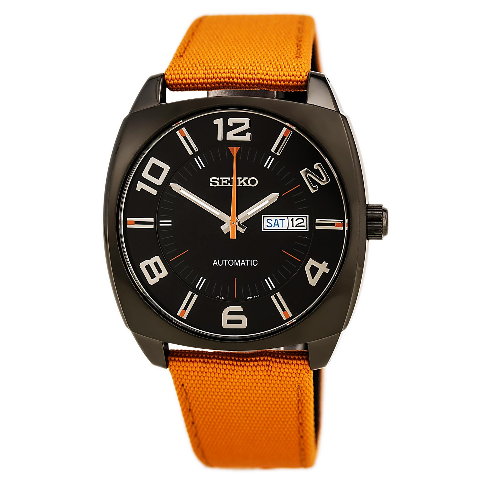 Seiko SNKN39 Men's Recraft Black Dial Black IP Steel Orange Nylon Strap  Automatic Watch 