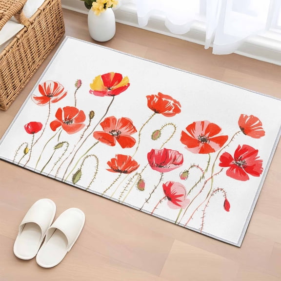 Red Flowers Entryway Rug 2'x3'  Non Slip Front Door Mats, Watercolor Spring Country Botanical Floral Entrance Rugs Indoor Outdoor Carpet, Washable Floor Mats Small Area Rug for Bedroom Kitchen