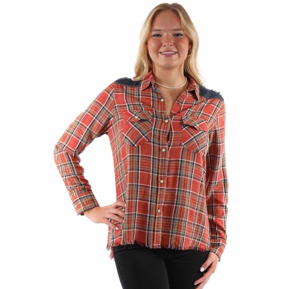 Scully HC952-RED-M Womens Airy Plaid Yokes Rayon Blend Long Sleeve Shirt, Red - Medium