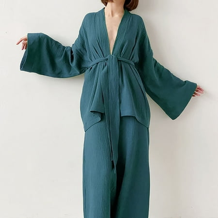 

Zedker Bathrobe For Women Womens Robes Long Women s Long Sleeved Loose Rousers Crepe Women s Solid Color Nightgown Housewear Pajama Suit Clearance