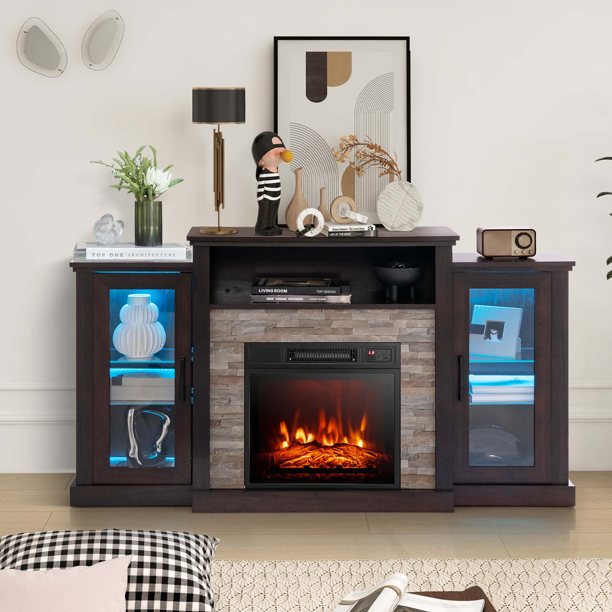 Costway Fireplace TV Stand with Led Lights & 18'' Electric Fireplace For 65" Wall-Mounted TV Dark Brown