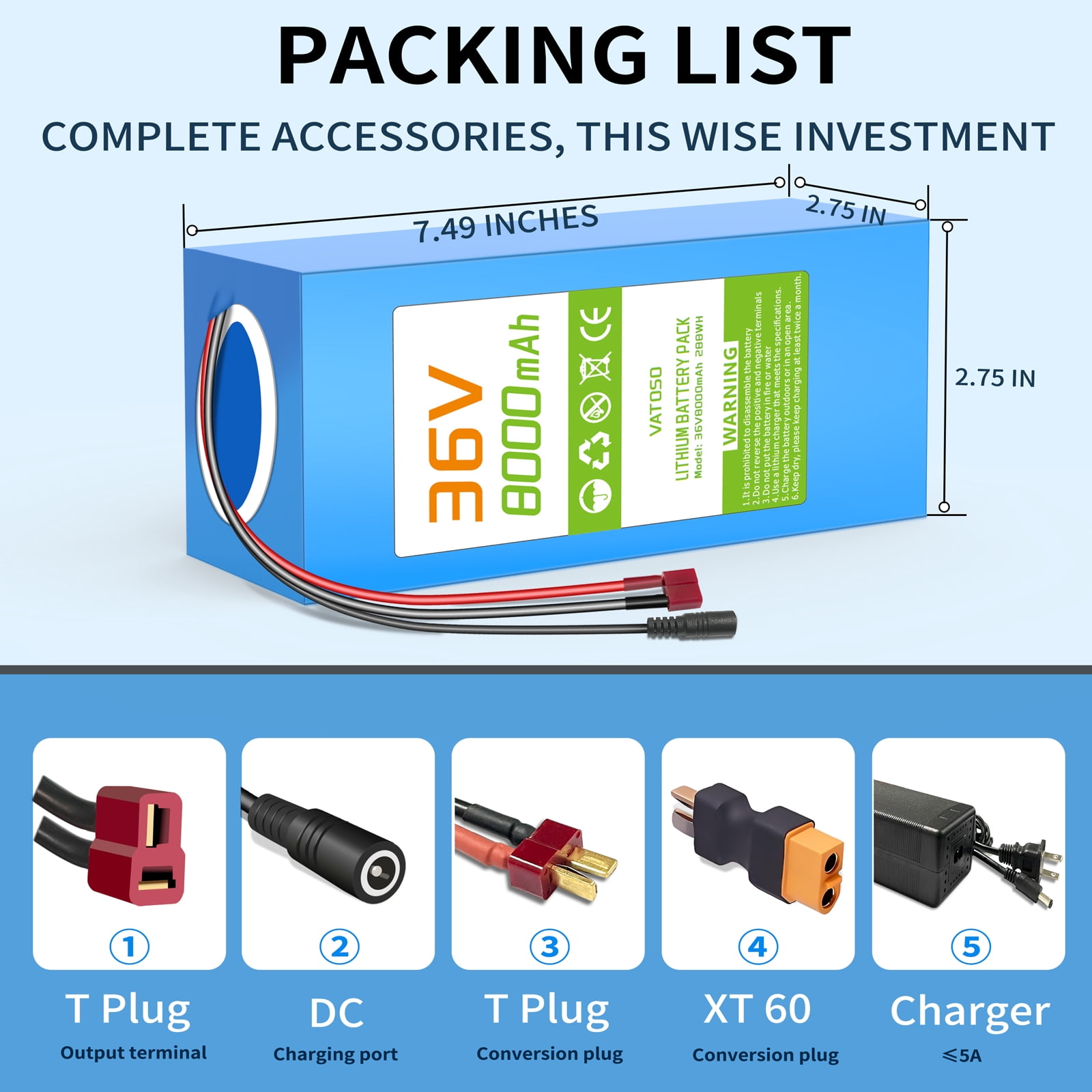 36V 8Ah Lithium Battery, Built-in 30A BMS, w/ 2A Charger & XT60 SM Connector, Rechargeable batteries for DIY projects