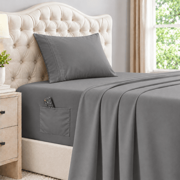 Twin Size Sheet Set, Soft Microfiber 3 Piece Hotel Luxury Bed Sheets with Deep Pockets, Embroidered Pillow Case, Side Storage Pocket Fitted Sheet, Flat Sheet (Gray)