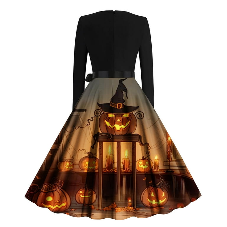 SwiftWear Women's Halloween Long Sleeve 3D Spooky Print A-line Dress  Comfortable Party Dresses for Fall Celebrations
