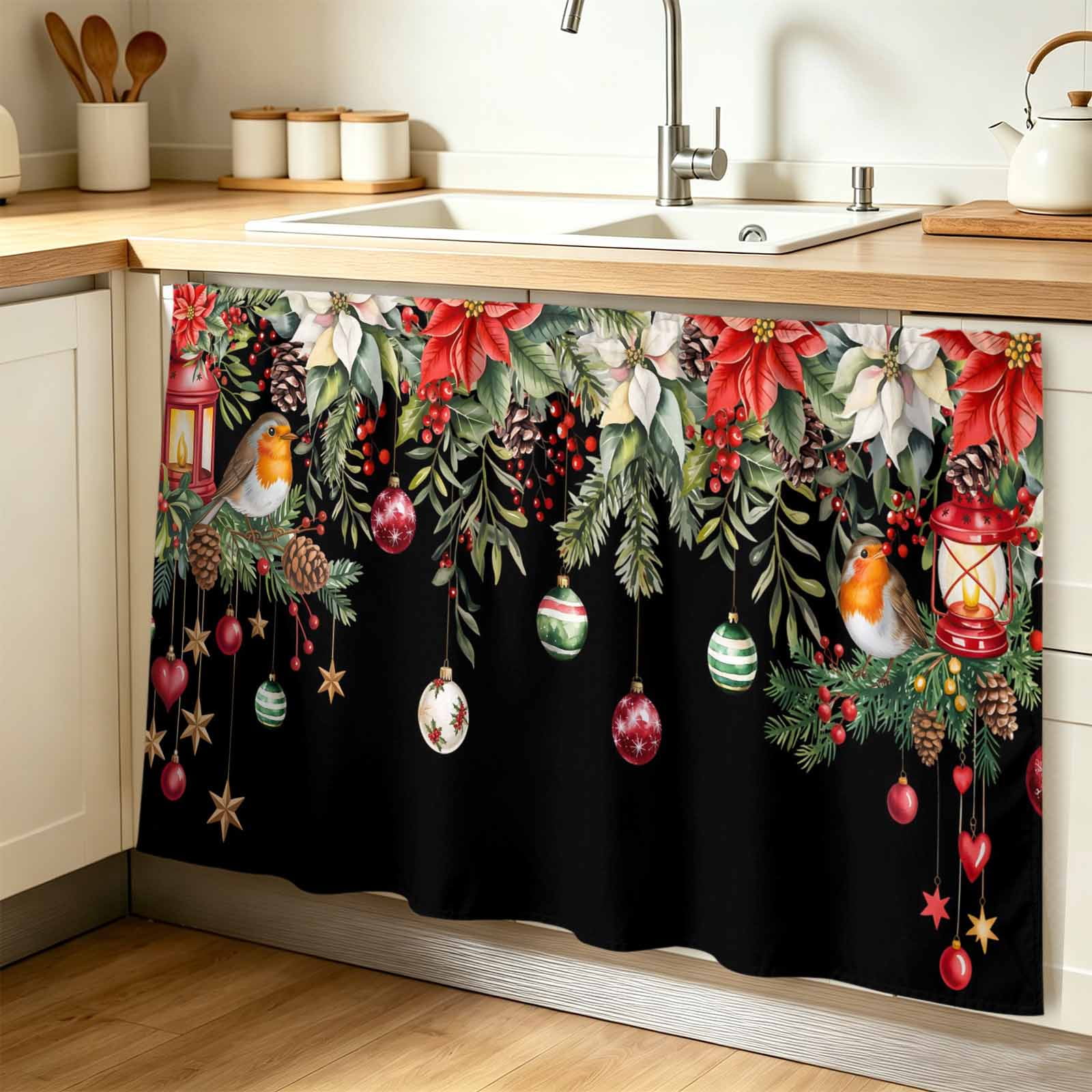 Black Christmas Cabinet Curtain 28 W x 51 L Xams Tree Winter Poinsettia Pine Cones Dust-Proof Privacy Curtain for Closet Shelves Self Adhesive Sink Skirt for Bathroom Vanity Kitchen Laundry Room
