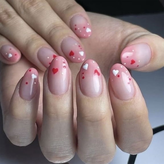 Valentine Press on Nail Almond Fake Nail Glossy Design False Nail Full Cover Artificial Acrylic Nail 24pcs 12Sizes