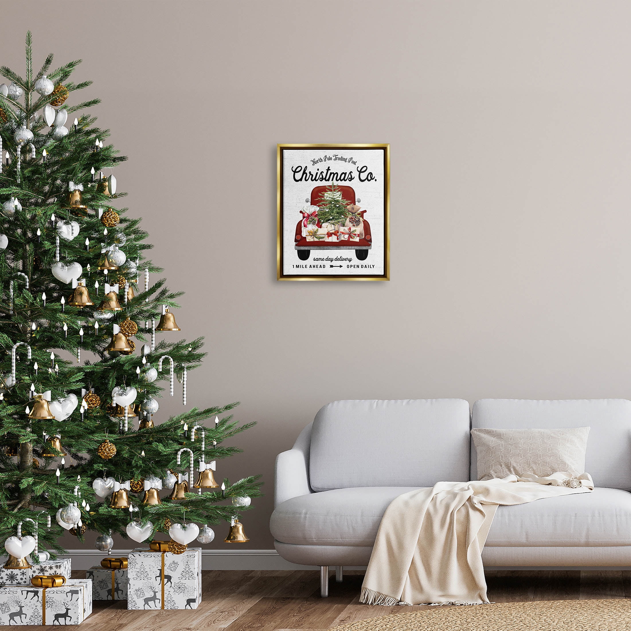 Stupell Industries North Pole Christmas Co. Sign Graphic Art Metallic Gold Floating Framed Canvas Print Wall Art, Design by Lettered and Lined