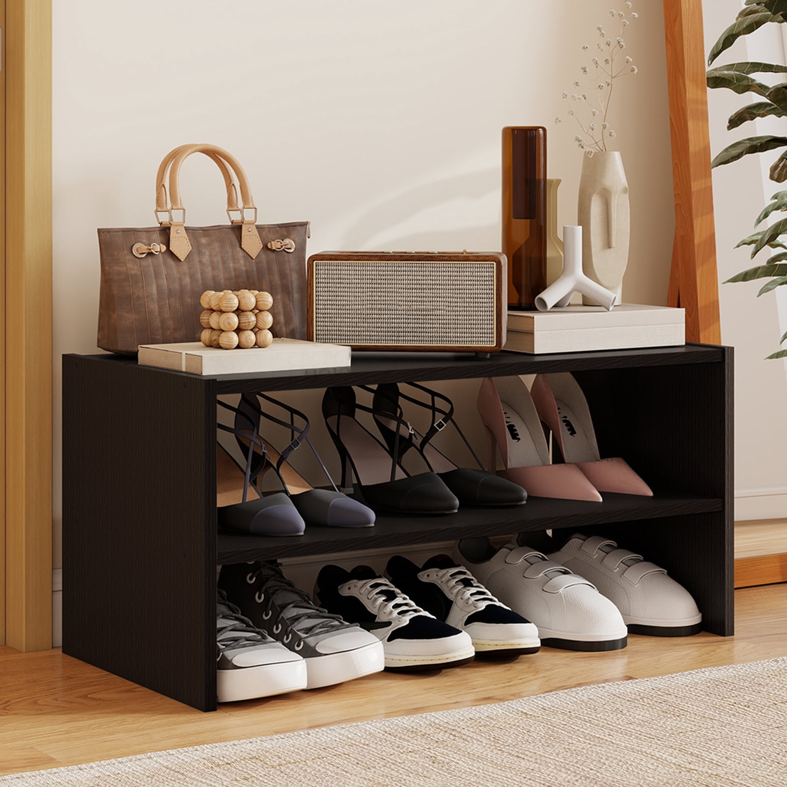 Prilinex Stackable 2-Tier Dark Wood Shoe Rack, 24" Small Wooden Shoe Rack for Closet & Entryway, Modular Shoe Organizer & Shoe Shelf for Small Spaces, Espresso