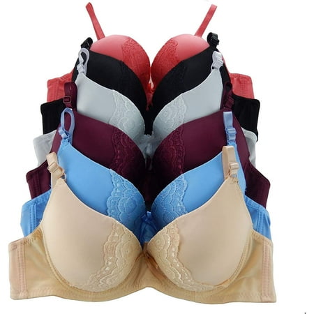 

6 Pieces Full Cup Embroidery Demi Plain/Lace Push Up B/C Bra (32B)