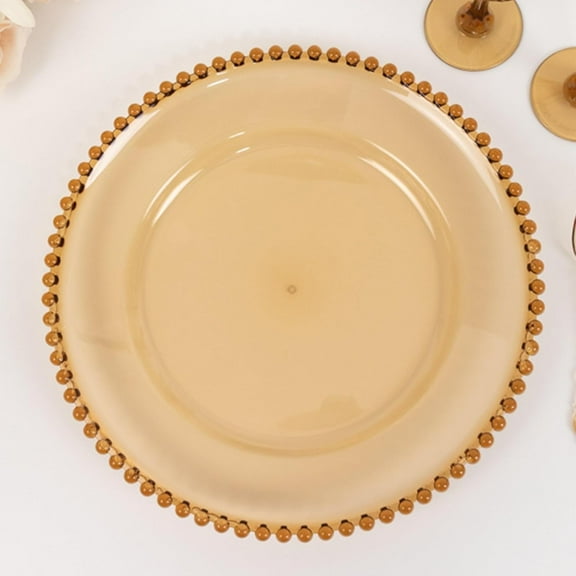 13" Charger Plates - Set of 12 - Amber Round Acrylic Disposable Chargers with Beaded Rim, Ideal for Dinner Party Wedding Bulk Events