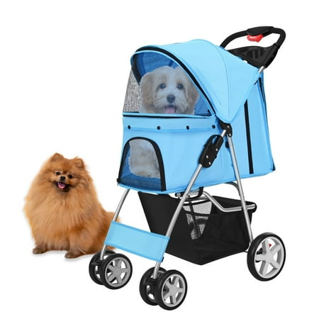 Flexzion Pet Stroller for Dogs, Cats and Small Animals, Carrier Cage 4 Wheels, Blue