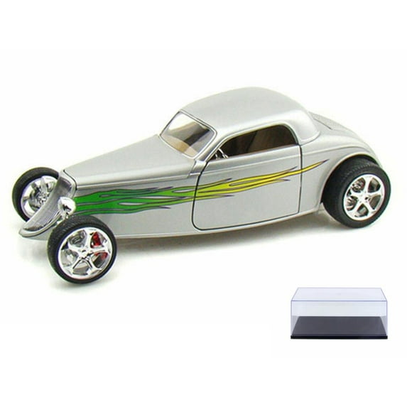 Diecast Car & Display Case Package - 1933 Ford Coupe, Silver w/ Flames - Yatming 92839 - 1/18 Scale Diecast Model Toy Car w/Display Case