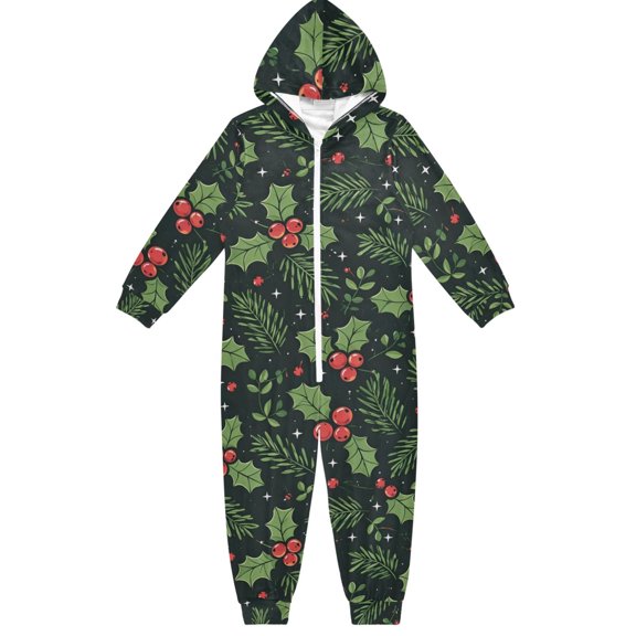 Red Fruit Christmas Boys & Girls Hooded One-Piece Pajamas Warm Crystal velvet Hooded Long Sleeve Loungewear Jumpsuit Unisex