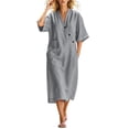 thumbnail image 4 of Ovbmpzd Summer Long Boho Beach Dresses for Women Loose Linen Sundresses Gray Short Sleeves V-Neck T-Shirt Dresses With Pockets,XL, 4 of 6