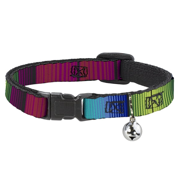 Buckle-Down Breakaway Cat Collar With Bell, Plastic Clip, Easy Adjustable, Zarape Vertical Pinks Blues Greens Black, 8.5 to 12 Inches 0.5 Inch Wide