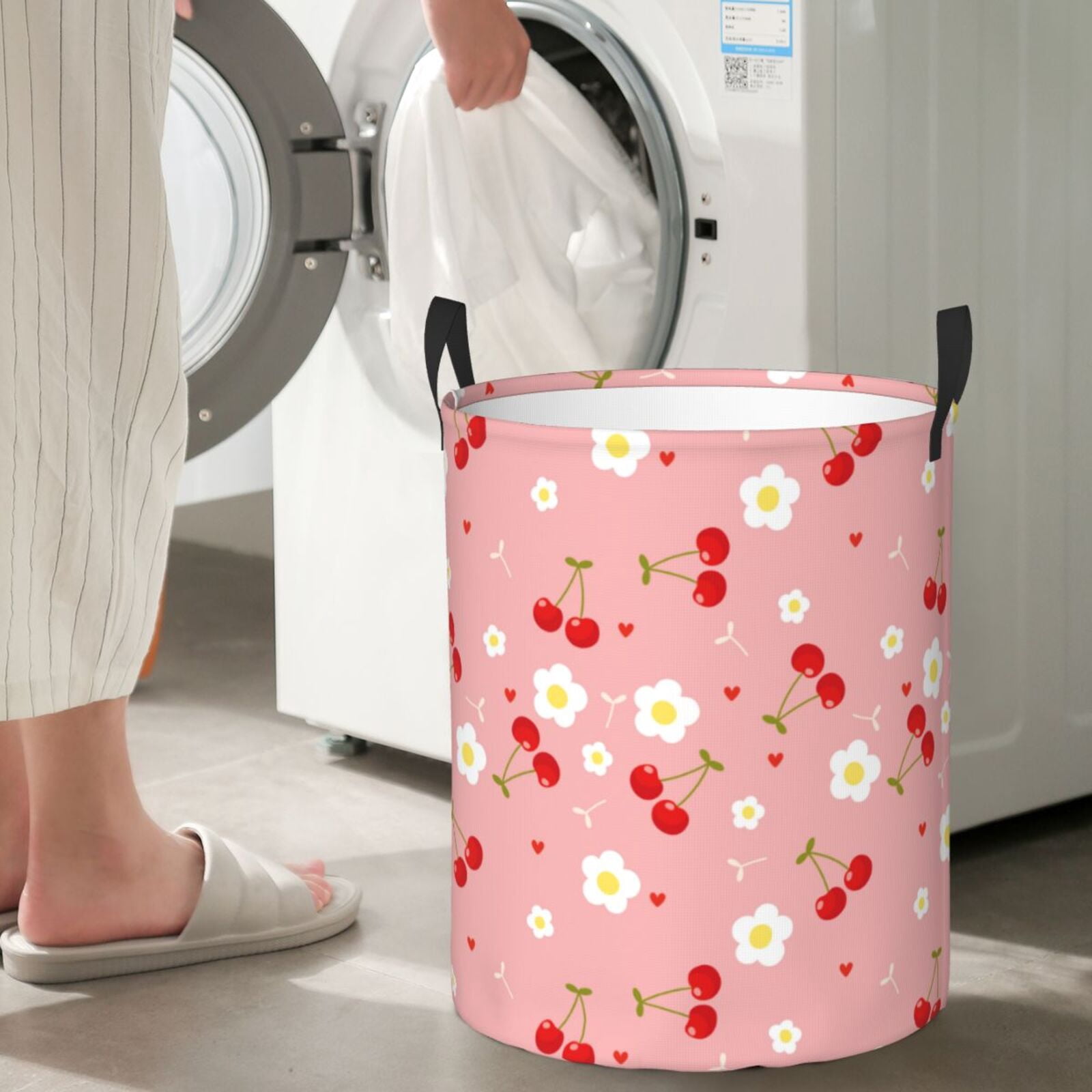 Large Laundry Basket with Handles - Cute Red Berry Flower Love Pink Kids Baby Dirty Clothes Laundry Hamper for Bedroom Aesthetic