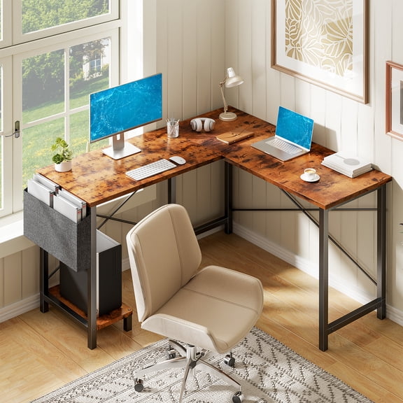 KPUY 49-Inch L Shaped Desk with CPU Stand Side Bag, Gaming Desk Home Office Desk for Home Office Dorm Sturdy Writing Workstation, Brown