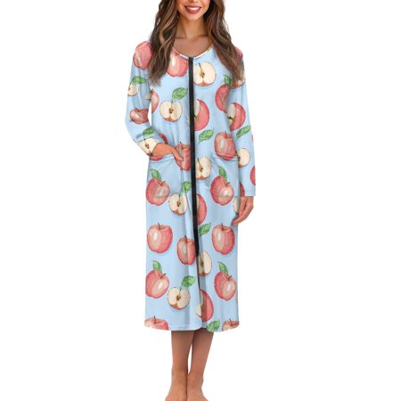 FOR U DESIGNS Apple Blue Pattern House Dresses for Women Breathable House Dress with Pockets Lightweight Long Sleeve Duster Robe Women s Sleepwear L