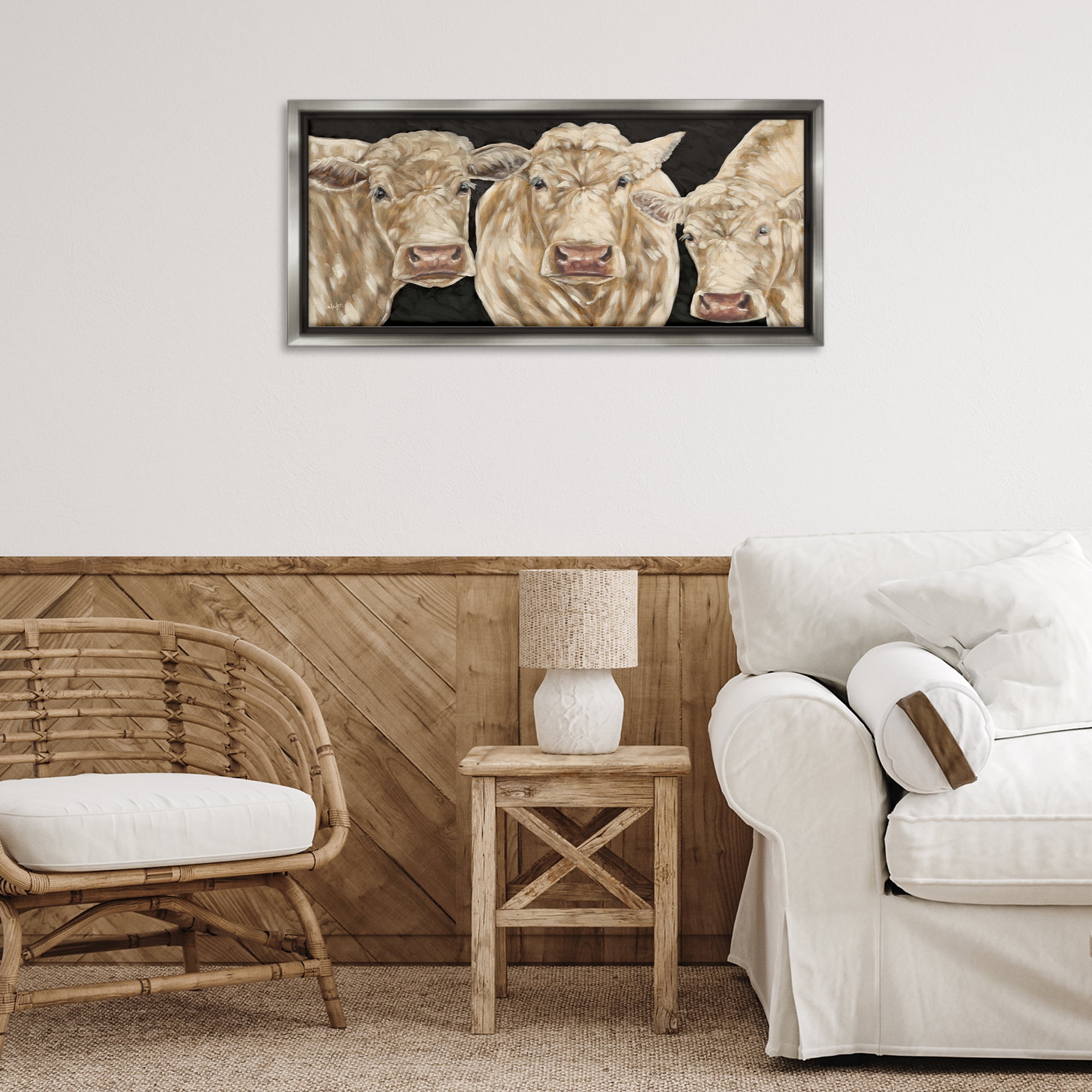Stupell Industries Three Sheep on Black Animals Painting Gray Floater Framed Canvas Art Print Wall Art, 31 x 14