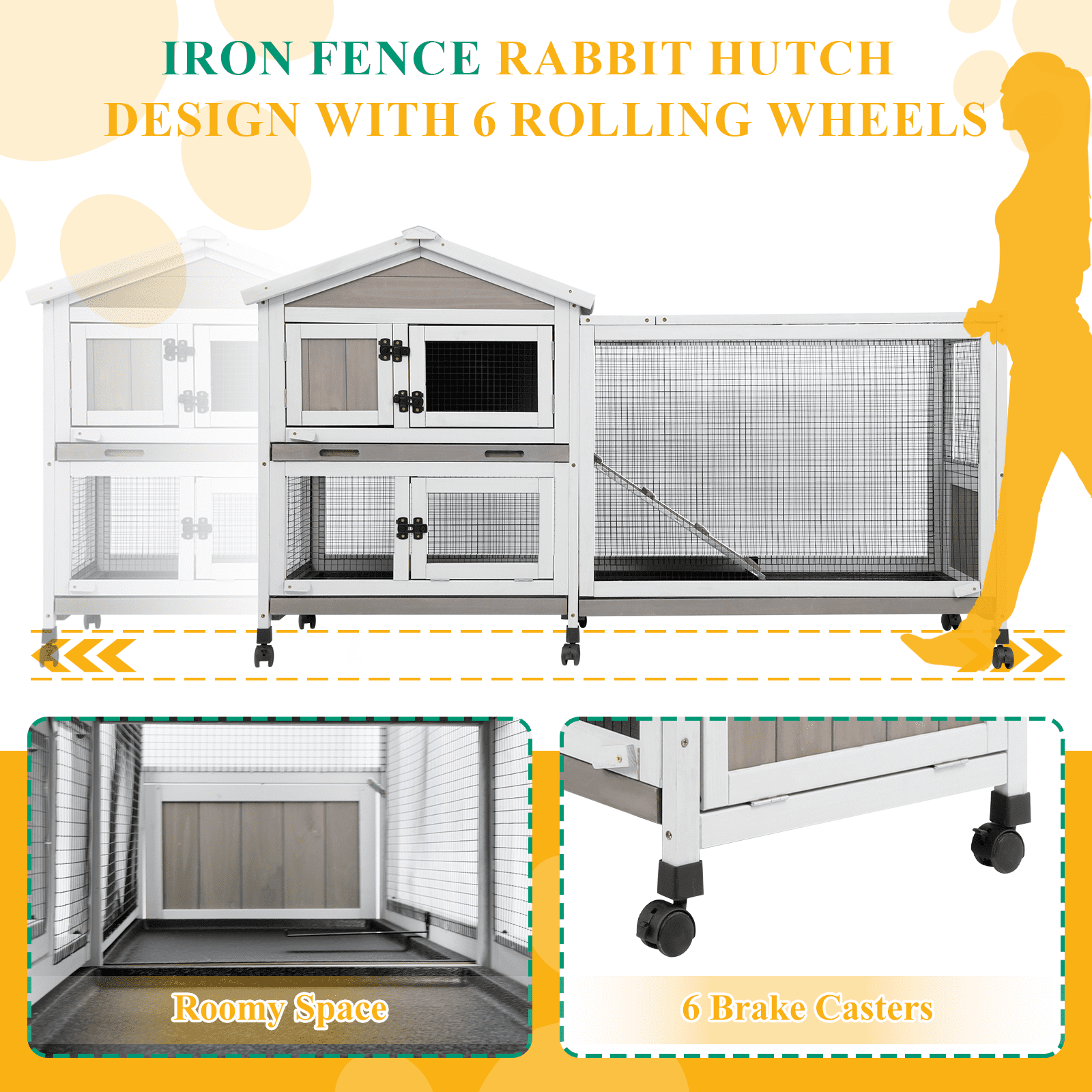 PETSCOSSET Small Animal Hutch, Indoor Outdoor Safe &Durable All-Climate Rabbit Hutch, Fir Wood Cage with Wheels