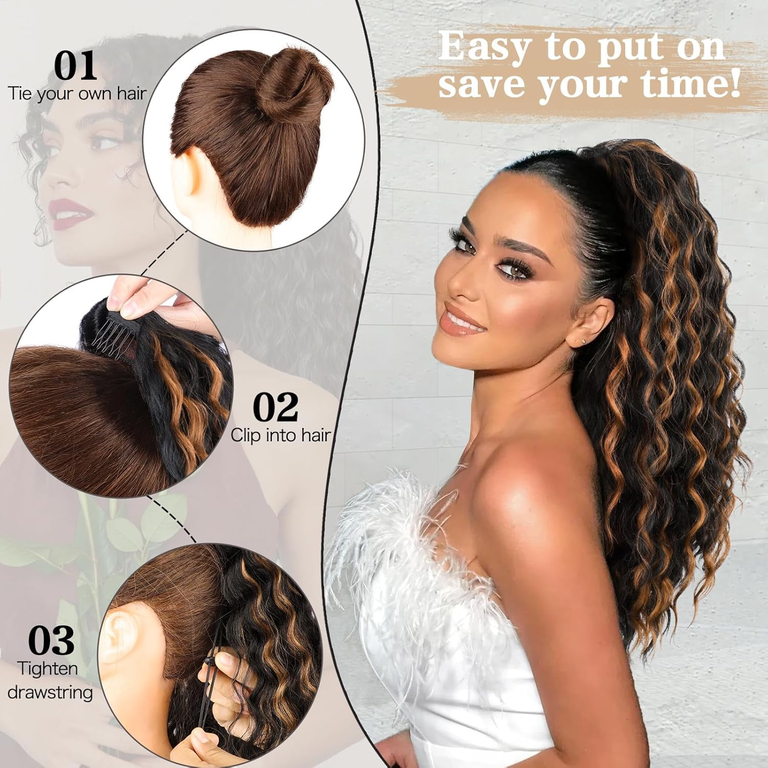 Ponytail Extension,Curly Drawstring Ponytail Synthetic Hair Ponytail Extension for Black Women 20Inch Long Curly Wavy Synthetic Ponytails Hair Extensions