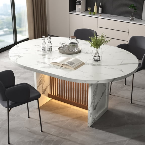 WARAYZ Extendable Dining Table 47.2"-63", Faux Marble Top, Storage, RGB Light, 2-8 Seats