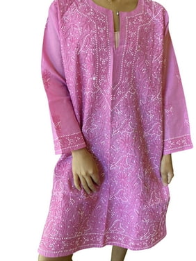 Mogul Women Pink Cotton Tunic Chikankari Hand Embroidered Bohemian Cover Up Ethnic Long Tunic ML