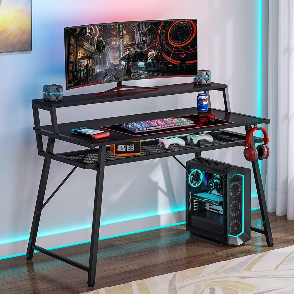 Gaming Desk with Storage Shelf, 47 inch Ergonomic Gaming Computer Desk