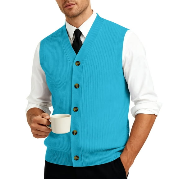 Resicozy Men's Sweater Vest Solid Color V Neck Sleeveless Knitted Button Down Cardigan Big and Tall Vest Sky Blue L