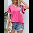 thumbnail image 4 of Blusas Verano para Mujer con Mangas Pétalos, Camisetas Encaje Crochet con Cuello Redondo, Camisetas Casuales Holgadas Color Sólido, Camisetas Básicas Tipo Túnica. Rosa Roja XL, 4 of 10