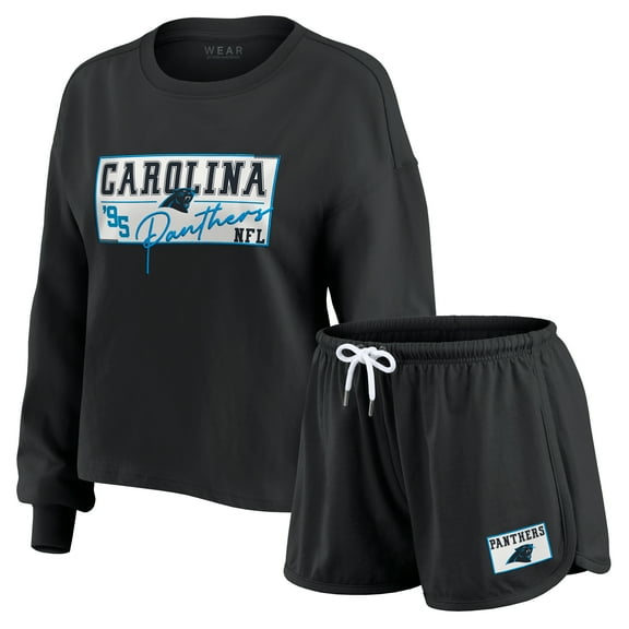 Women's WEAR by Erin Andrews Black Carolina Panthers Heavy Rugby Jersey Long Sleeve T-Shirt & Shorts Lounge Set