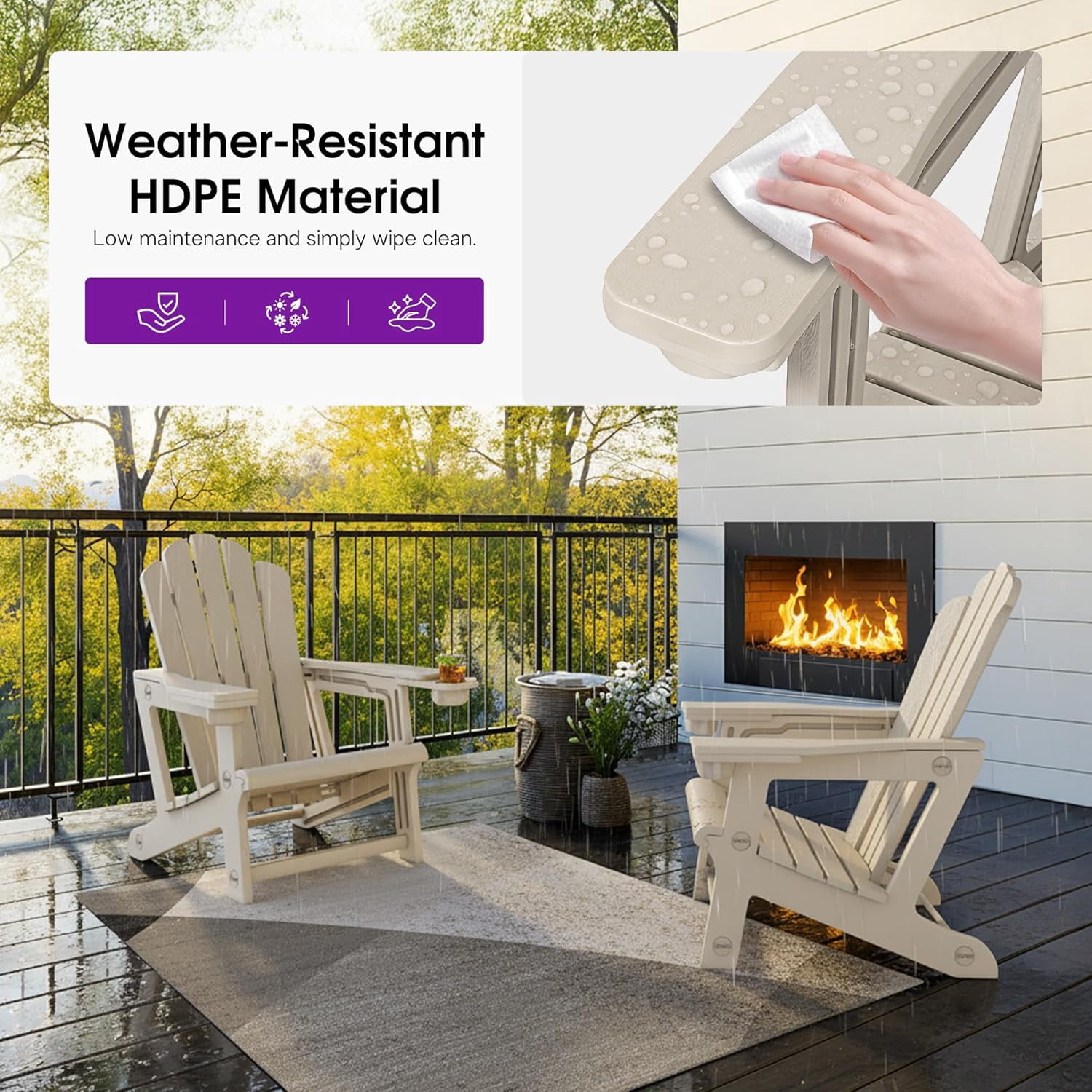 PURPLE LEAF Adirondack Chair HDPE All-Weather Outdoor Fire Pit Chair with 24.6" Oversized Seat Wood-Textured Patio Adirondack Chair with Dual Cup Holders for Garden Deck Backyard, Champagne