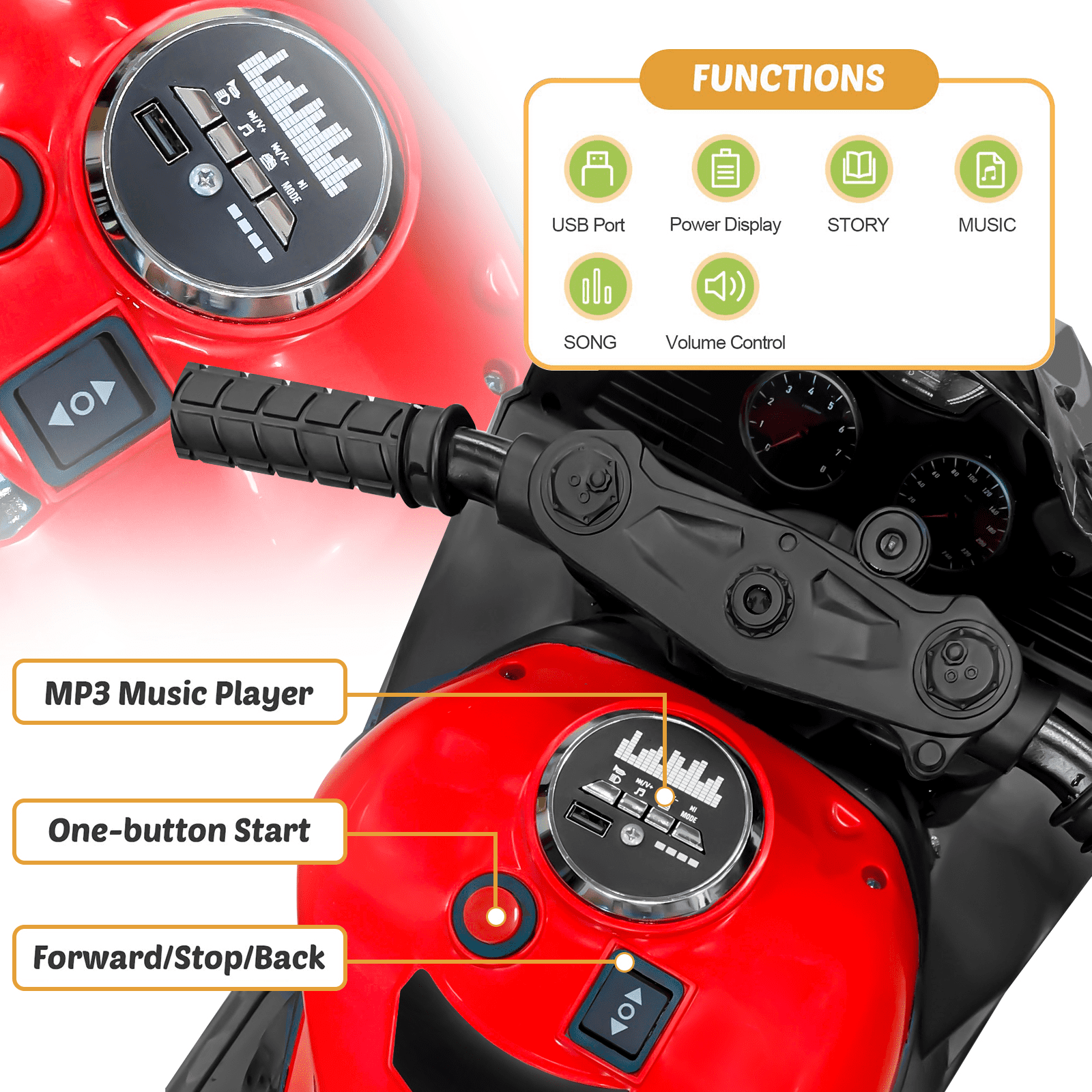 TaTee 12V Kids Electric Motorcycle, Battery Powered Ride-On Toy with Training Wheels for Boys & Girls Ages 3-6, Bluetooth Music & LED Lights, Red