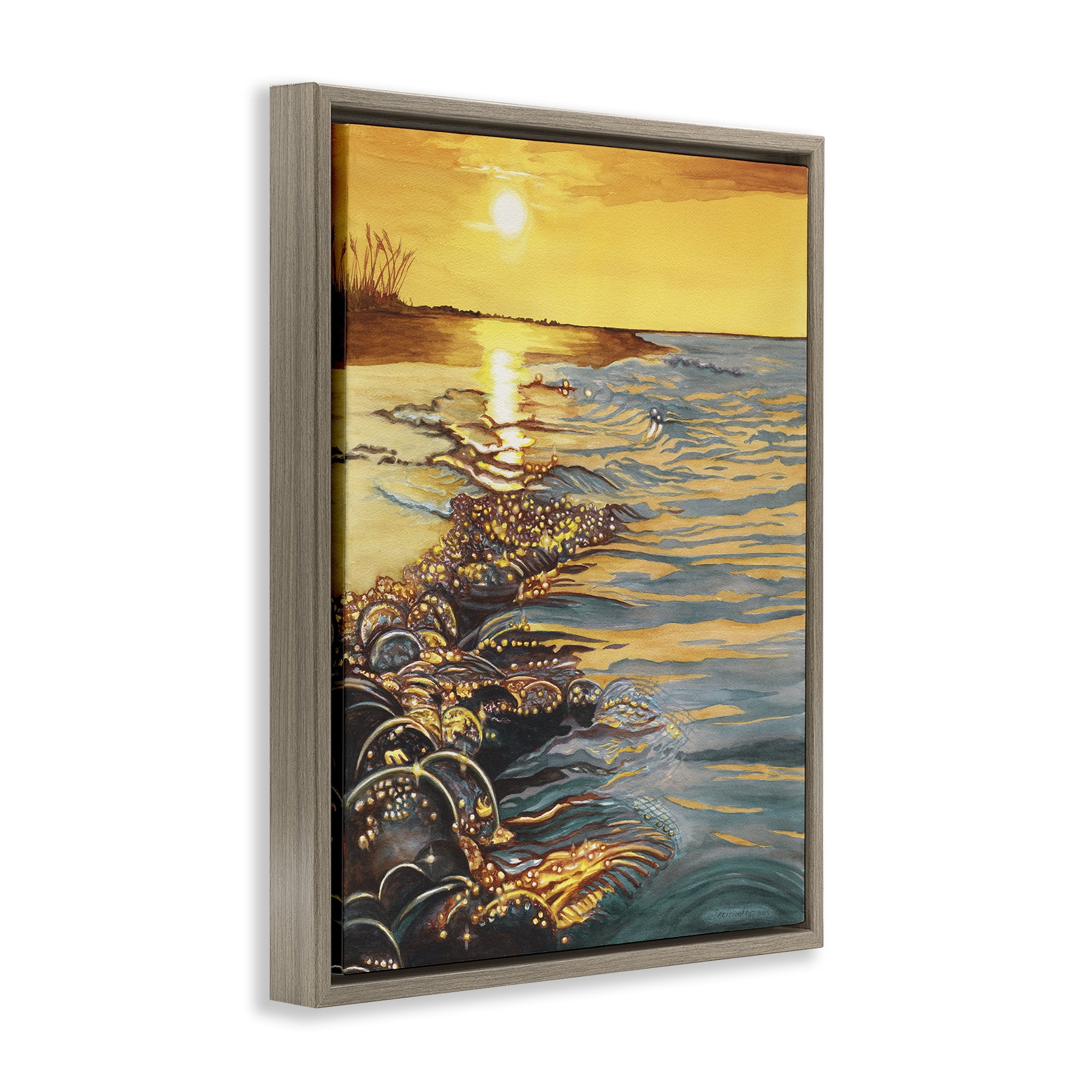 Stupell Industries Saltwater Beach Sunset Landscape Painting Brown Floater Framed Canvas Art Print Wall Art, 17 x 21