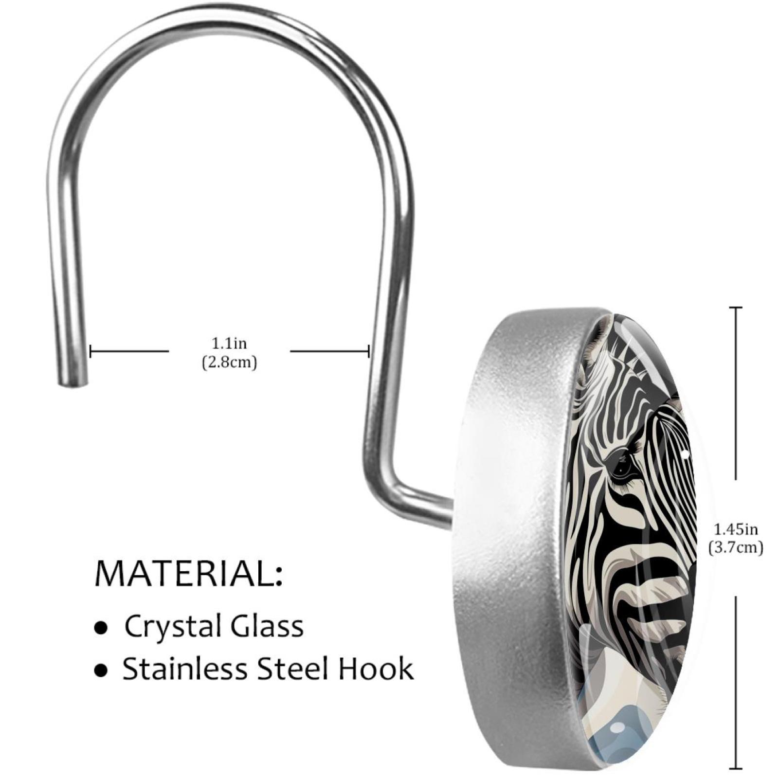 Black White Zebra Animal Shower Curtain Hooks Round Crystal Glass, Set of 12 Shower Curtain Rings - Shower Hooks for Curtain Shower Rings