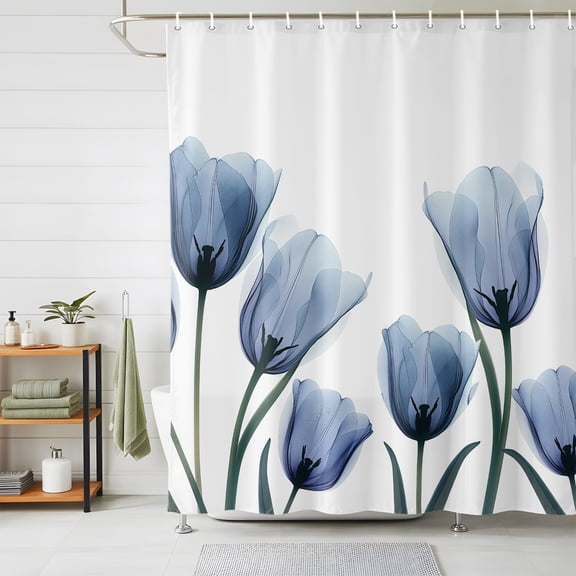 Blue Tulips Shower Curtains for Bathroom, Spring Summer Floral Rustic Botanical Waterproof Fabric Shower Curtain, Decorative Bathroom Curtain for Bathtub, 72"x72" , No Hooks Included