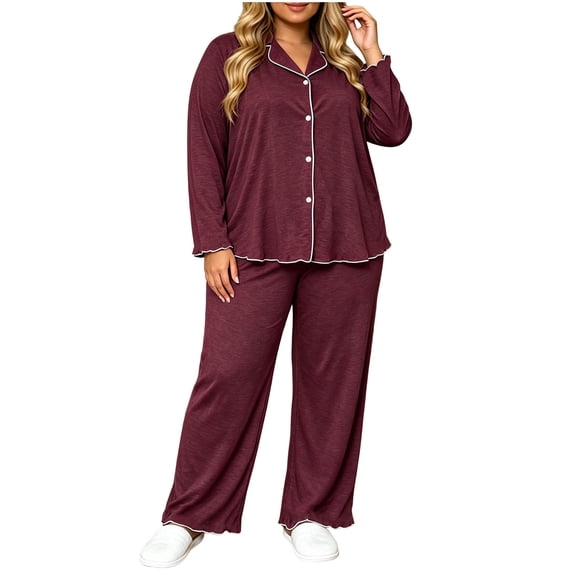 JnLxul Plus Size Pajamas for Women 2 Piece Sets Long Sleeve Button down Lapel Loose Tops and Pants Homewear Sleepwear Set