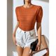 thumbnail image 2 of Blusa de punto ahuecada Cuello redondo Manga corta abullonada Ajuste casual Blusa ahuecada de color puro, 2 of 8