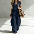 thumbnail image 4 of hoksml Women's V-Neck Short Sleeve Jumpsuit, Casual Button Front Wide Leg Overalls with Pockets, 4 of 7