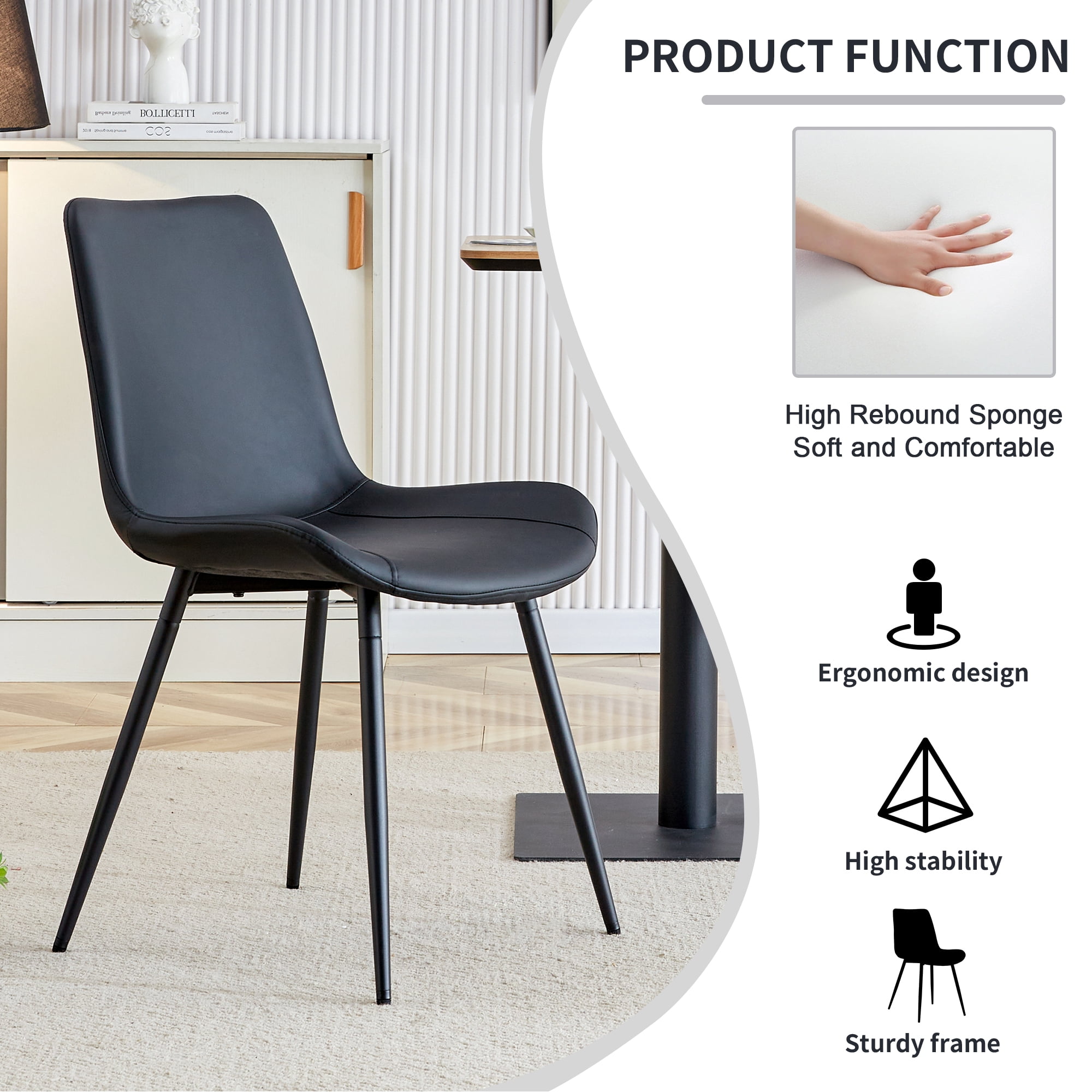 TesNus Dining Chair Set of 4 Black PU Leather Wide Seat Metal Legs for Dining Room Kitchen