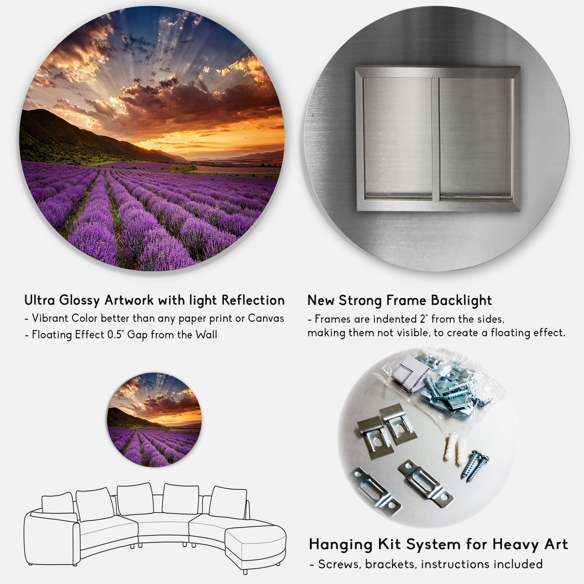 Designart 'Dramatic Clouds and Sunrise Over Lavender Field X' Farmhouse Circle Metal Wall Art 11x11 - Disc of 11
