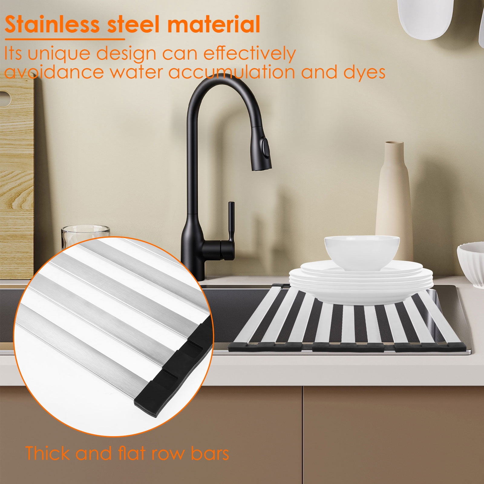 Ikoopy Foldable Roll Up Dish Drying Rack Multipurpose Silicone and Stainless Steel Over Sink Drying Rack for Home Kitchen Sink Counter