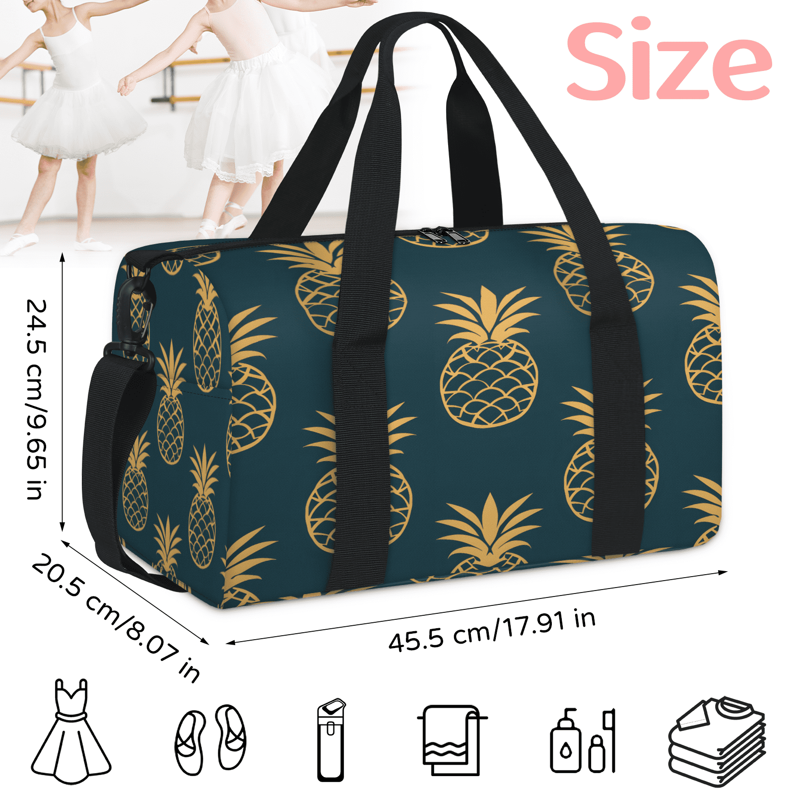 Herdesigns Pineapple Travel Duffle Bag Sports Yoga Weekender Overnight Carry on Workout Bags Lightweight Waterproof Gym Tote Bag for Women Golden