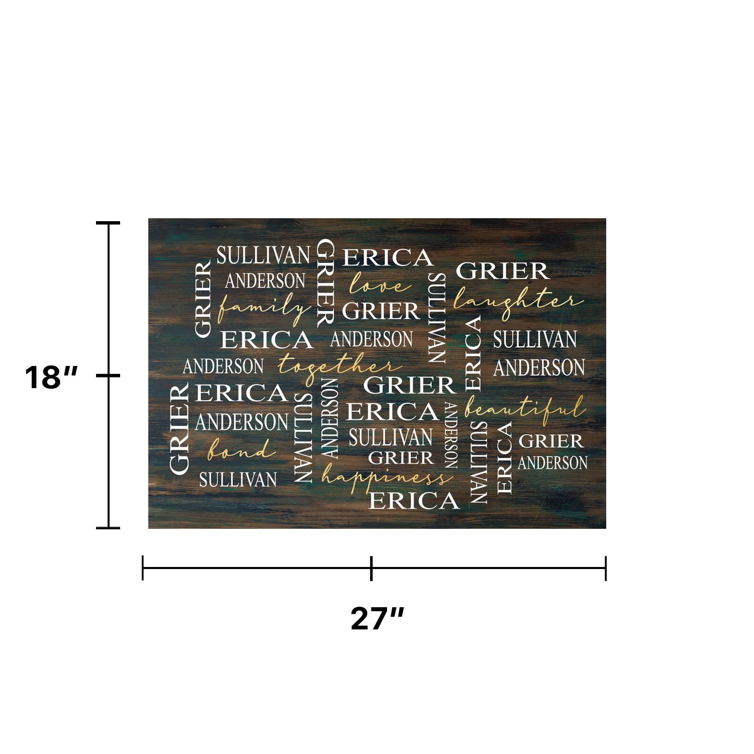 Personalized Planet 27x18 Love Laughter Beautiful Together Happiness Family of 4 Doormat with Custom Names Printed on Brown Rectangular 1/4” Thick Non Slip Mat for Kitchen Hallway Deck or Porch